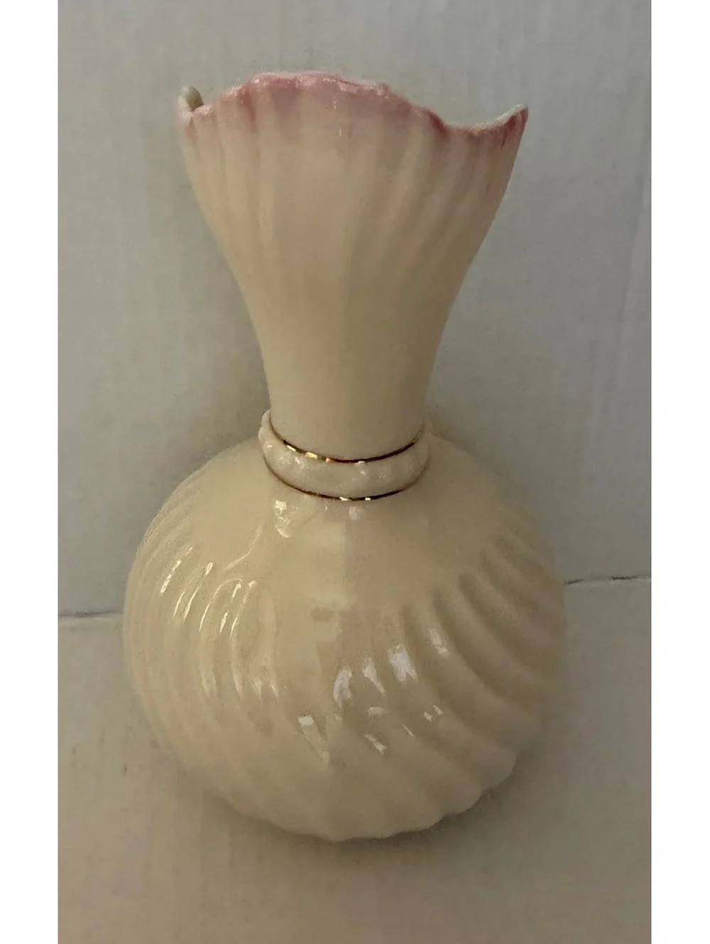 Belleek of Ireland Gold/Brown Mark 1980-90’s Swirl Globe Vase Pink & Gold Accent